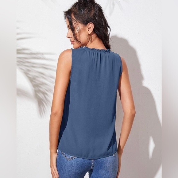 Steel blue notched neck frill trim blouse top size XL - Picture 4 of 8